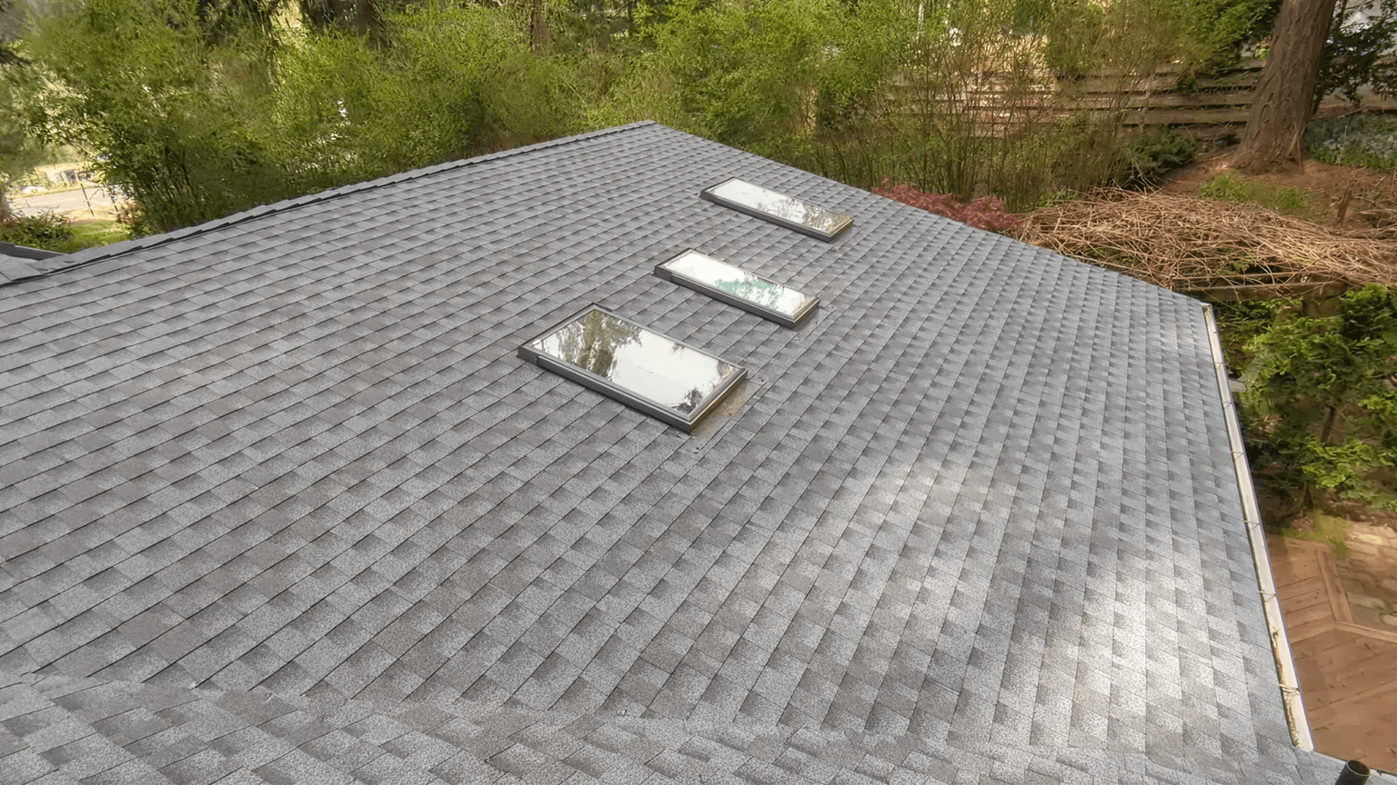 A gray shingle roof with three evenly spaced skylights reflects the sky.