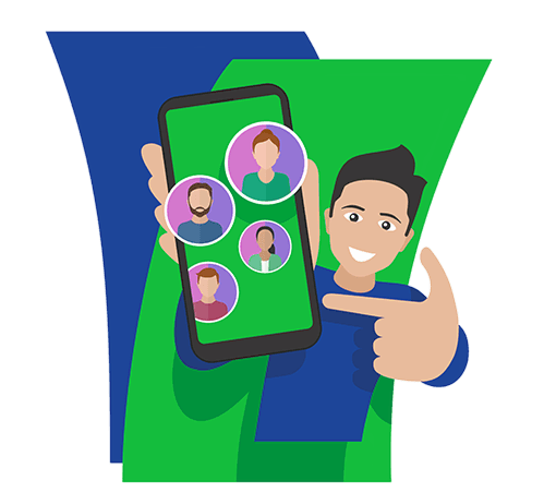 A smiling cartoon man points at a smartphone displaying four circular profile photos. The background features abstract blue and green shapes.