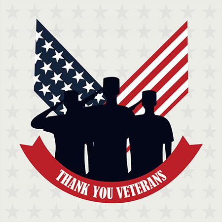 Silhouettes of saluting soldiers in front of an American flag background. A red ribbon below reads "Thank You Veterans."